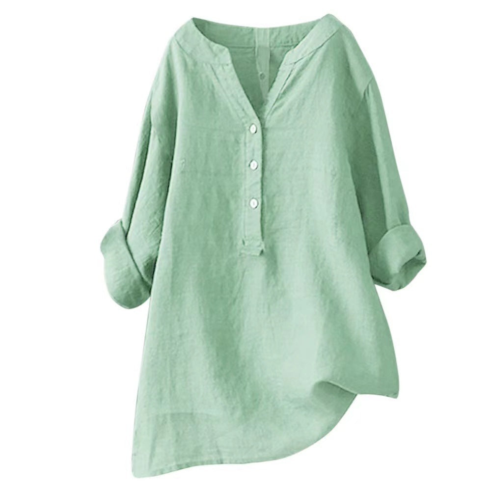 Womens Stand Collar Cotton Linen Blouse