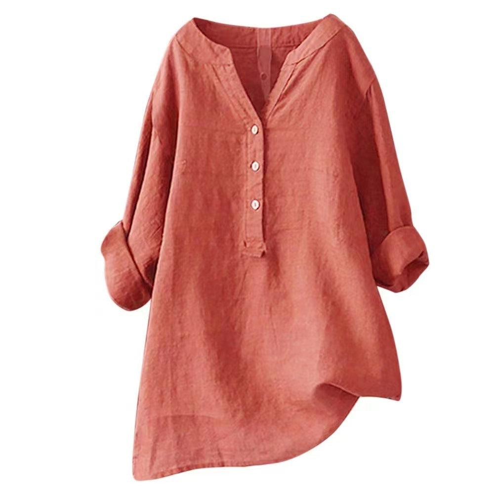 Womens Stand Collar Cotton Linen Blouse
