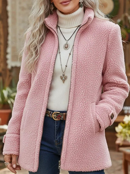 Womens Stand Collar Loose Fit Polar Fleece Zip Up Jacket
