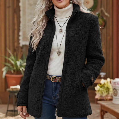 Womens Stand Collar Loose Fit Polar Fleece Zip Up Jacket