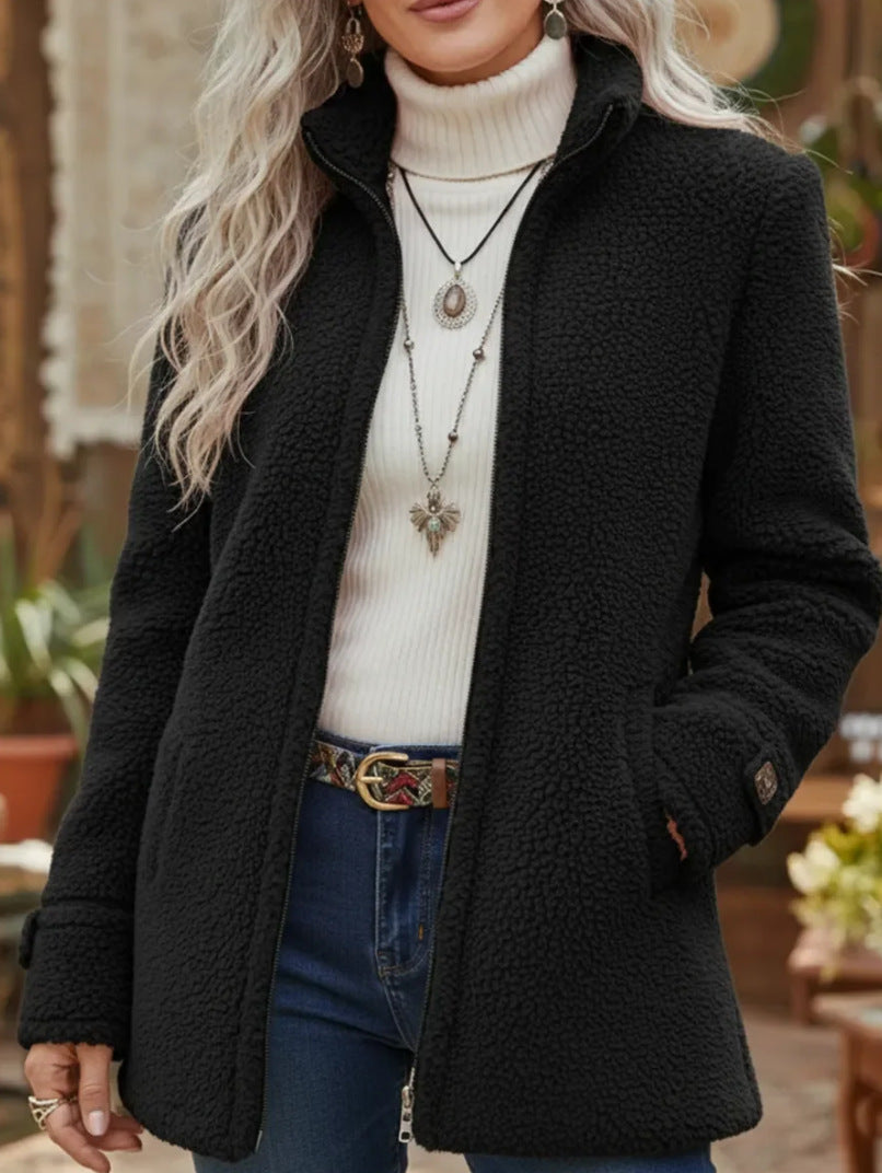 Womens Stand Collar Loose Fit Polar Fleece Zip Up Jacket