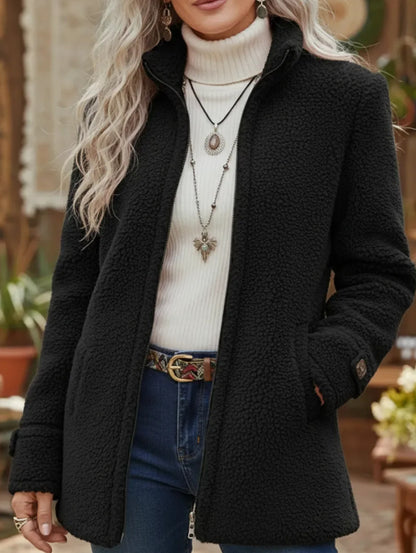 Womens Stand Collar Loose Fit Polar Fleece Zip Up Jacket
