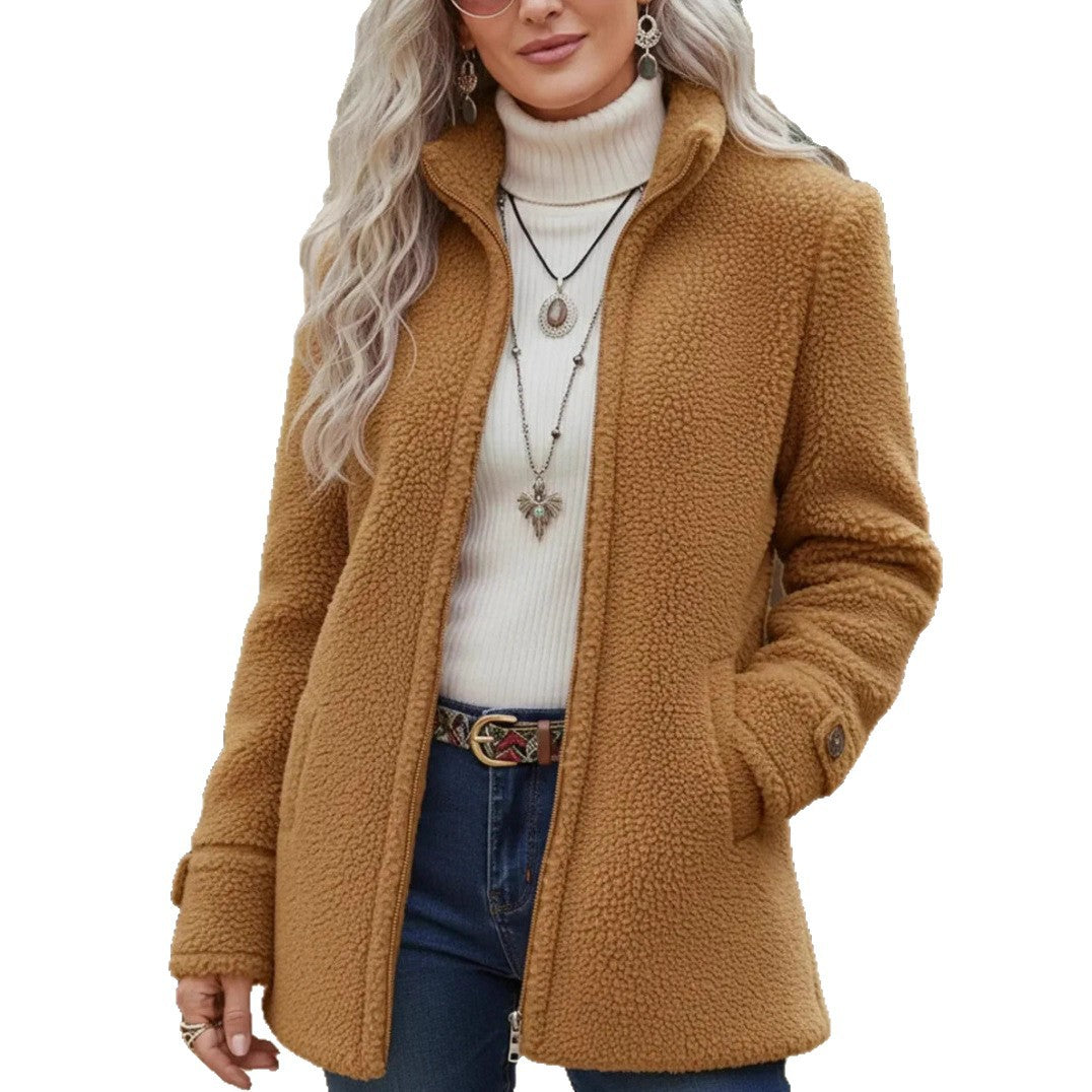 Womens Stand Collar Loose Fit Polar Fleece Zip Up Jacket
