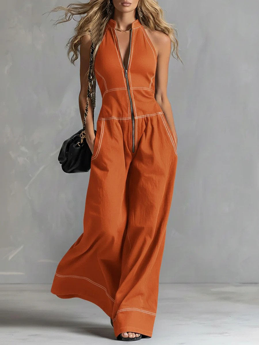 Womens Stand Collar Sleeveless Loose Pants