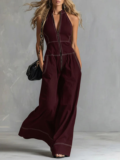 Womens Stand Collar Sleeveless Loose Pants