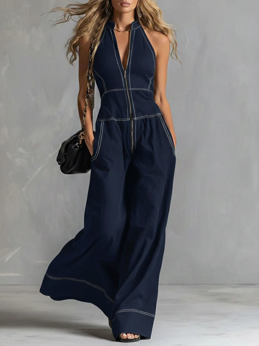 Womens Stand Collar Sleeveless Loose Pants
