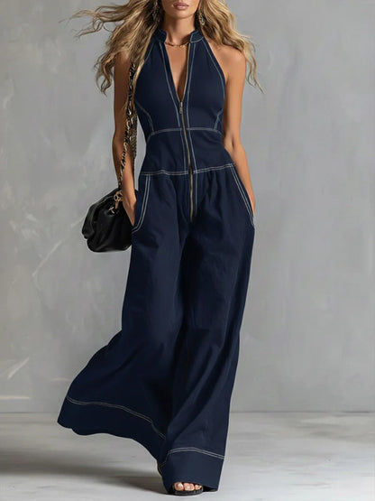 Womens Stand Collar Sleeveless Loose Pants