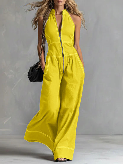 Womens Stand Collar Sleeveless Loose Pants