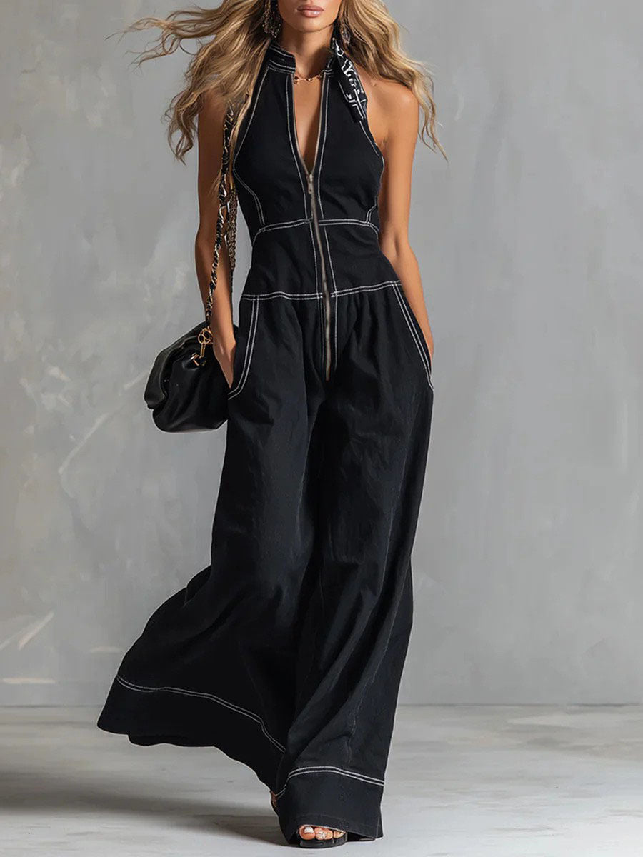 Womens Stand Collar Sleeveless Loose Pants