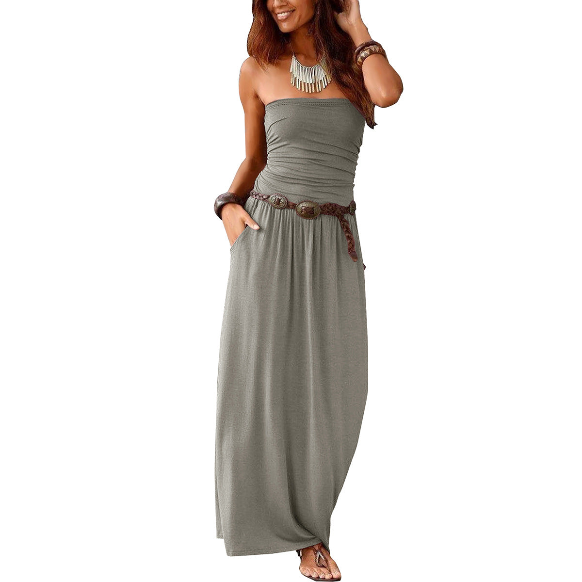 Womens Strapless Sleeveless Dress with Pockets
