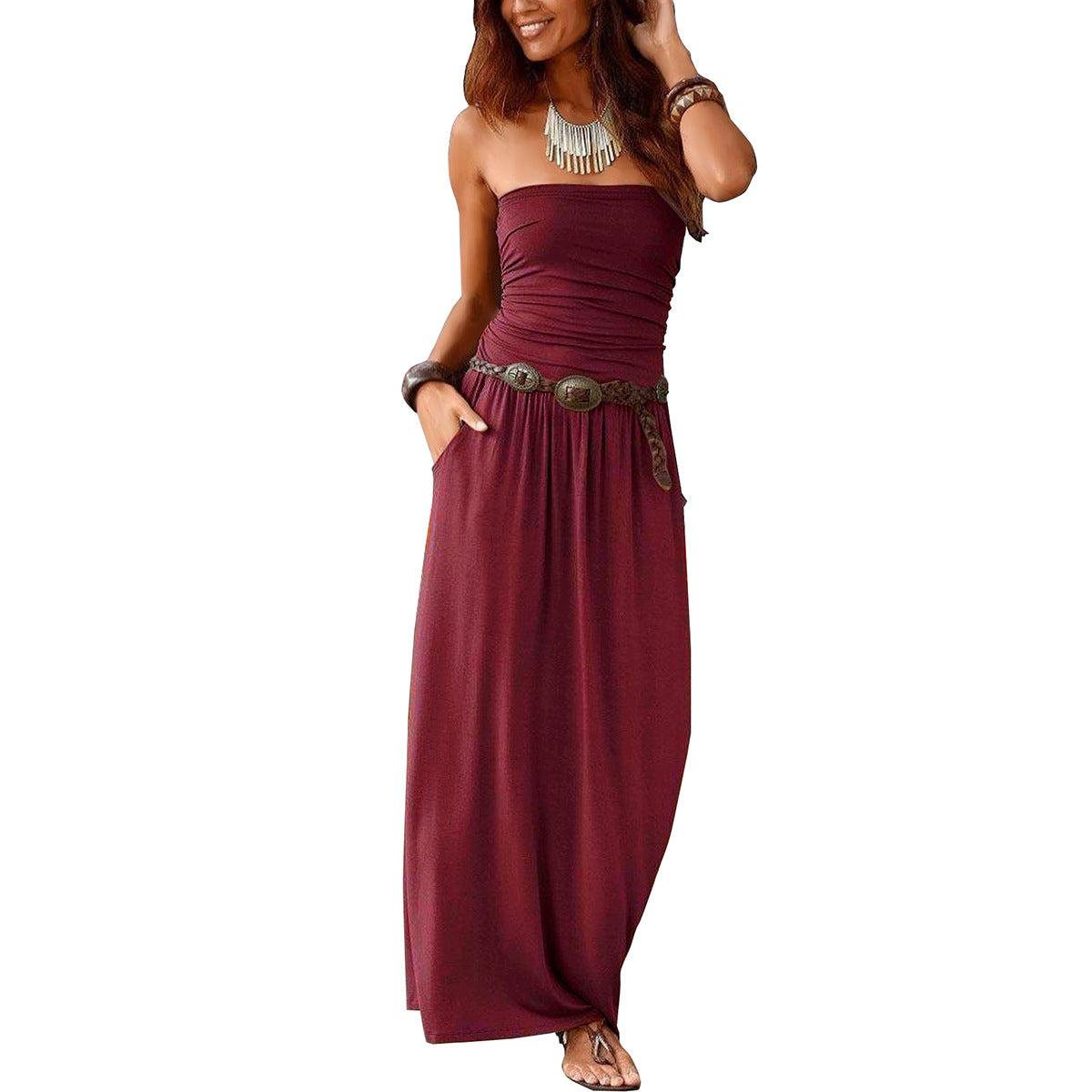 Womens Strapless Sleeveless Dress with Pockets