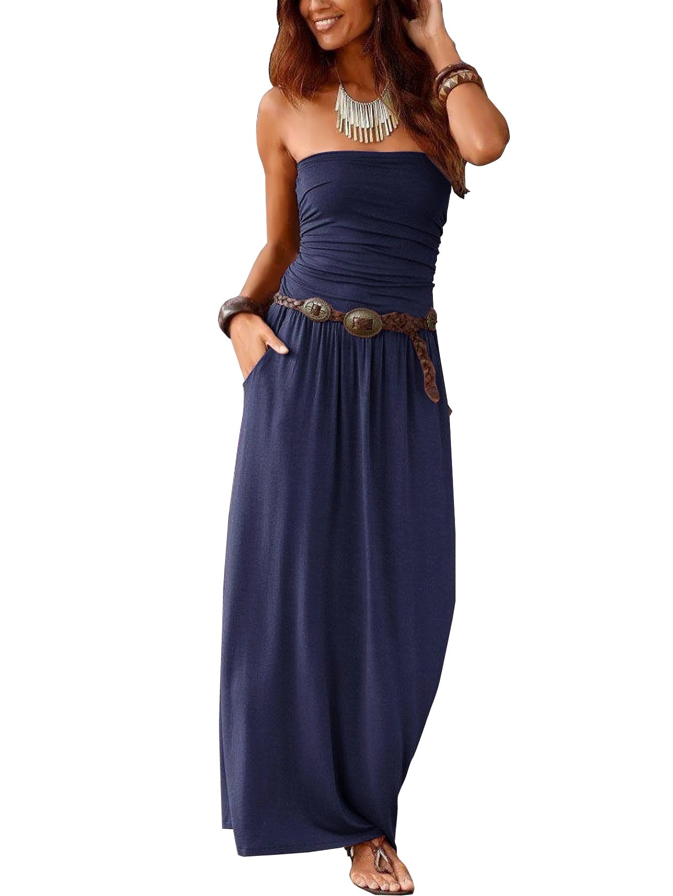 Womens Strapless Sleeveless Dress with Pockets
