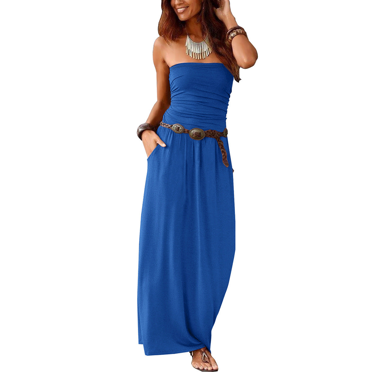 Womens Strapless Sleeveless Dress with Pockets