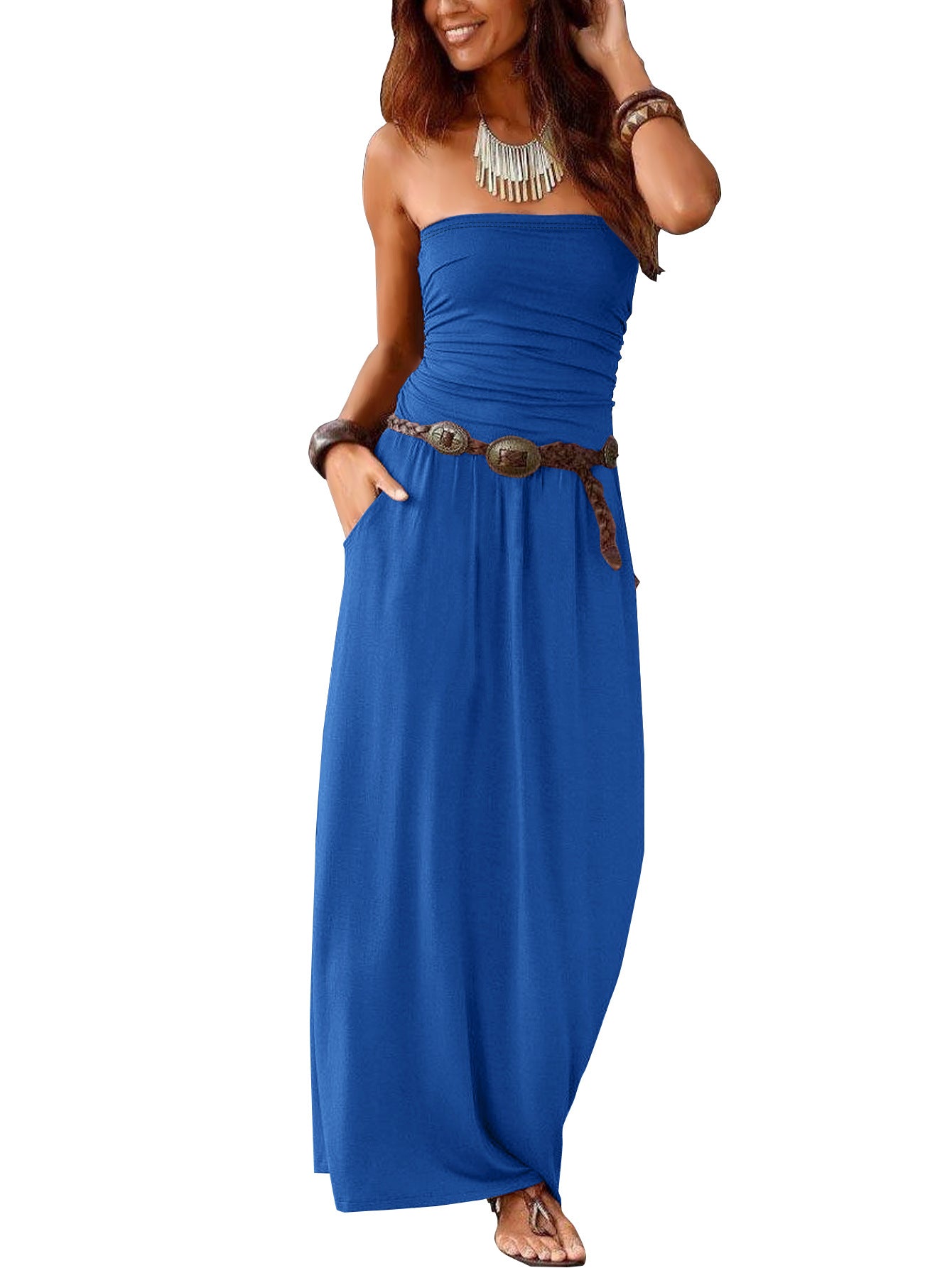Womens Strapless Sleeveless Dress with Pockets
