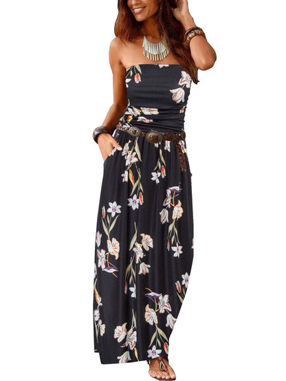 Womens Strapless Sleeveless Dress with Pockets