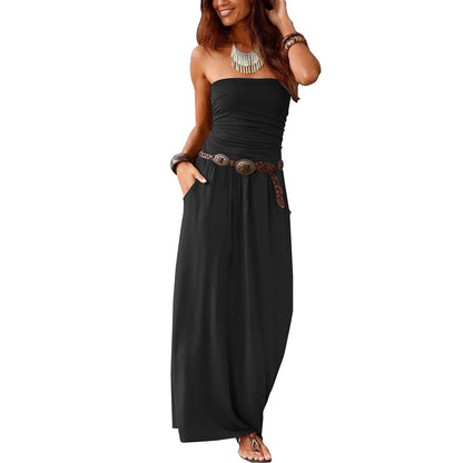 Womens Strapless Sleeveless Dress with Pockets