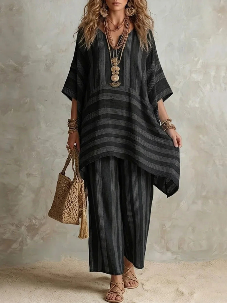 Womens Striped Casual Two-Piece Set