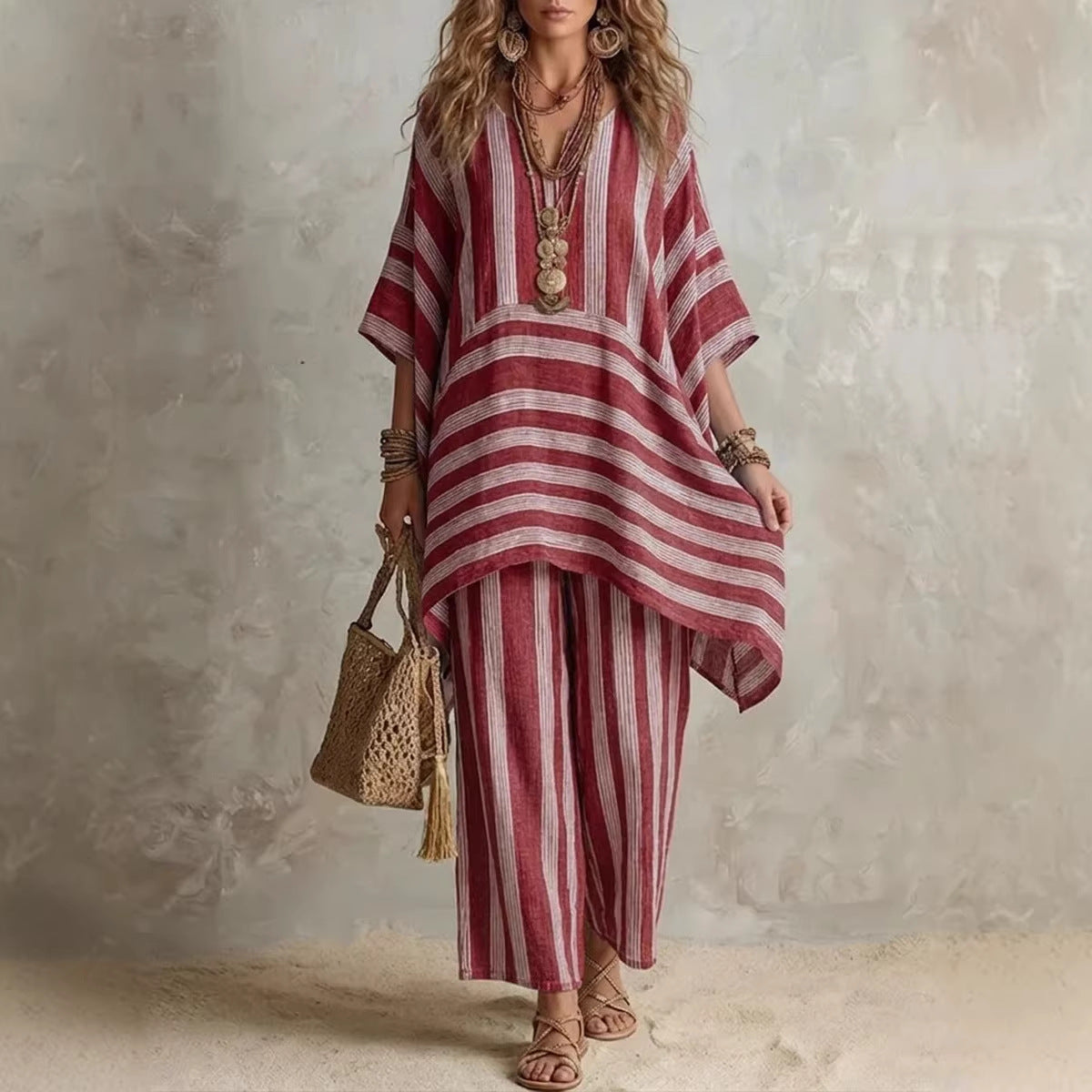 Womens Striped Casual Two-Piece Set