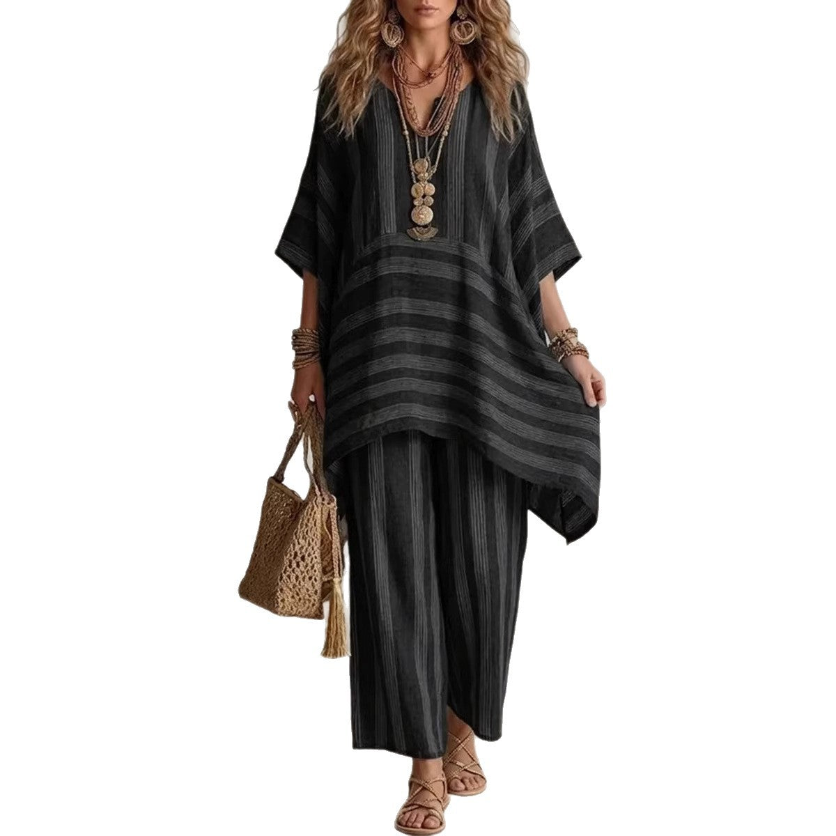 Womens Striped Casual Two-Piece Set