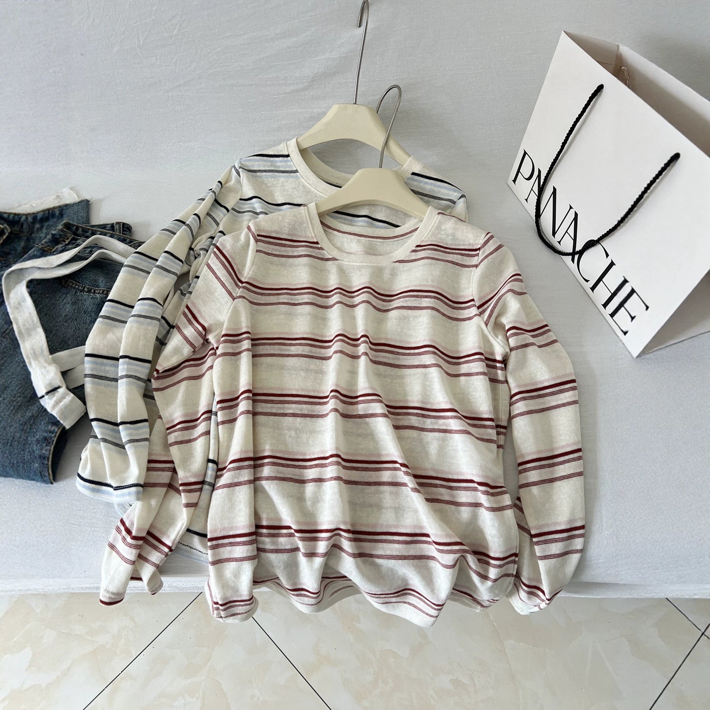 Womens Striped Cotton T-Shirt Long Sleeve Round Neck