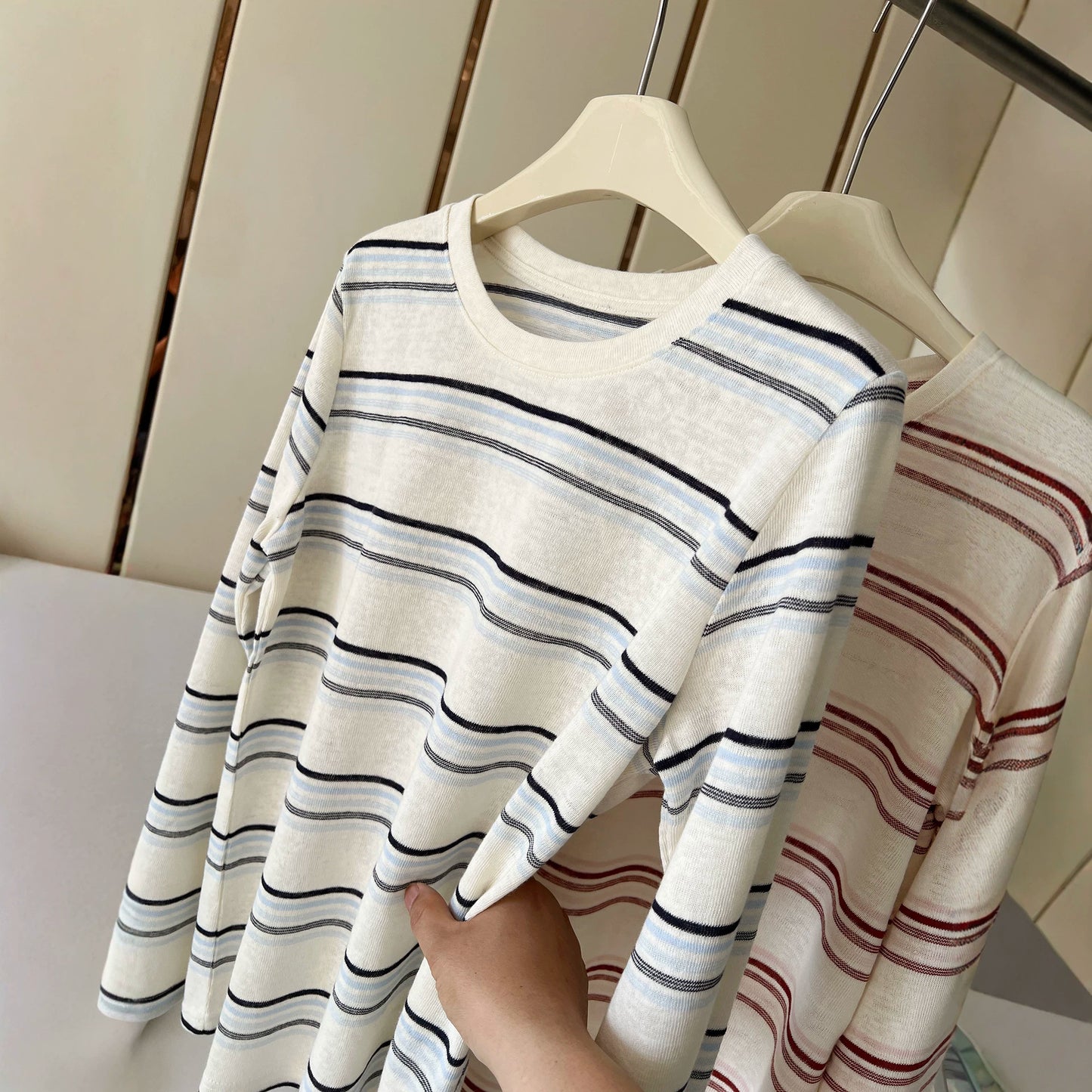 Womens Striped Cotton T-Shirt Long Sleeve Round Neck