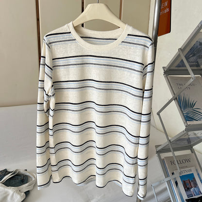 Womens Striped Cotton T-Shirt Long Sleeve Round Neck