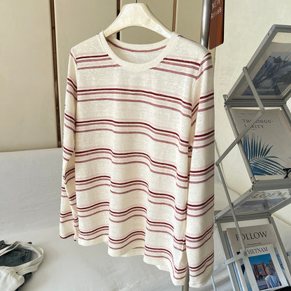 Womens Striped Cotton T-Shirt Long Sleeve Round Neck