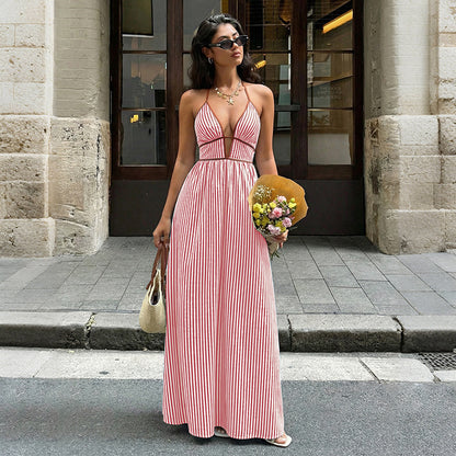 Womens Striped Halter Neck Dress