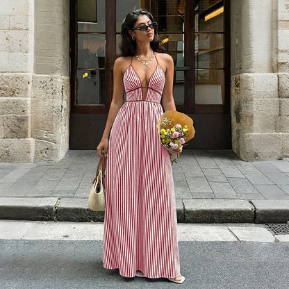 Womens Striped Halter Neck Dress