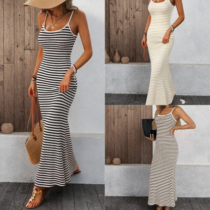 Womens Striped Knit U-Neck Dress