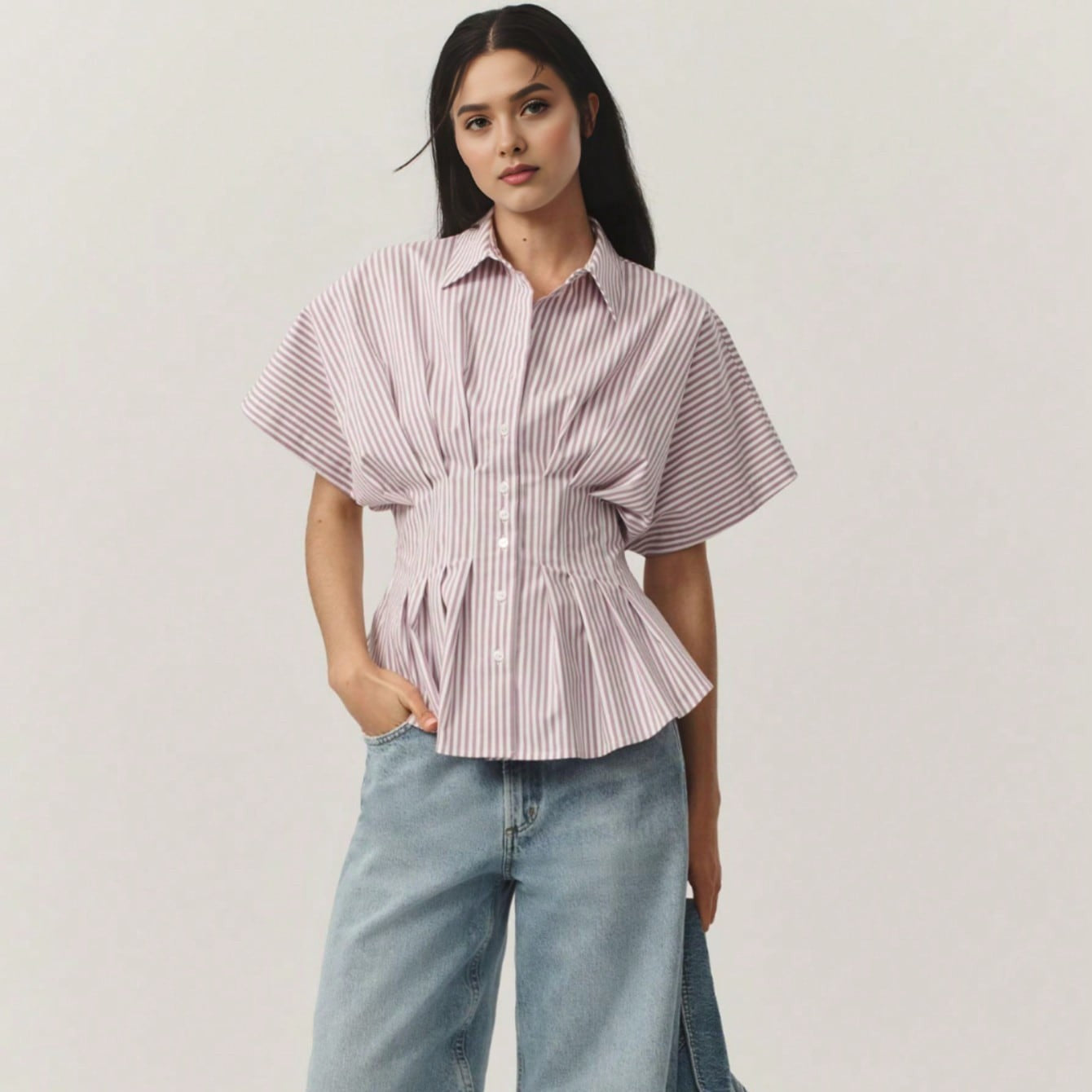 Womens Striped Pleated Blouse
