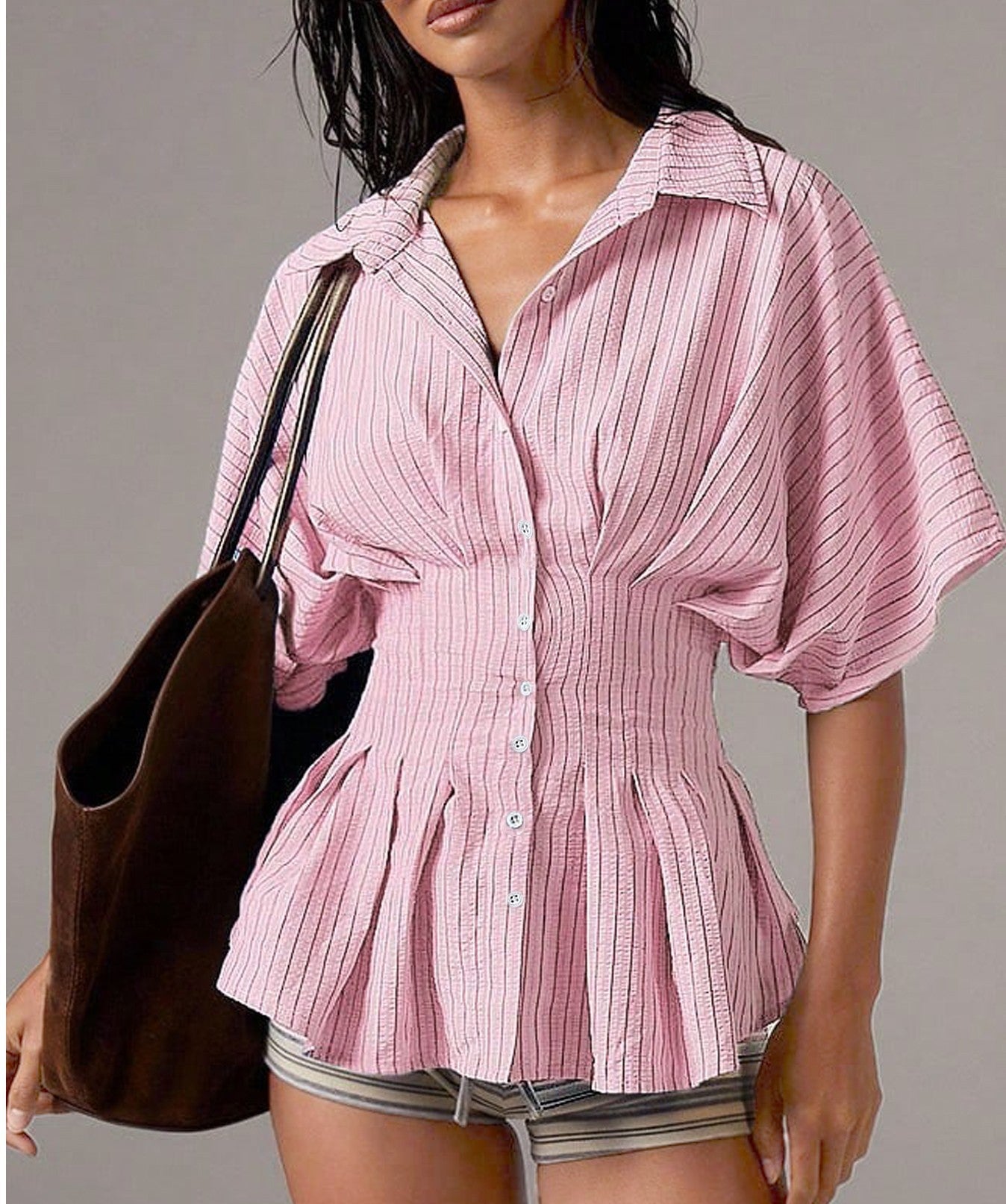 Womens Striped Pleated Blouse
