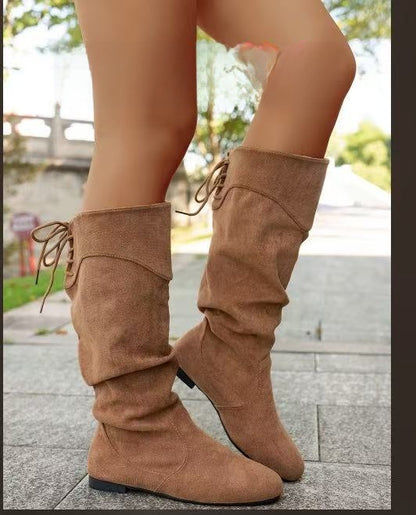 Womens Suede Chunky Heel Knight Boots