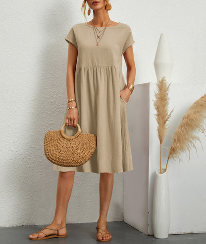Womens Summer Cotton Linen A-Line Dress