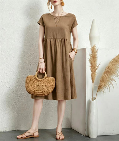 Womens Summer Cotton Linen A-Line Dress