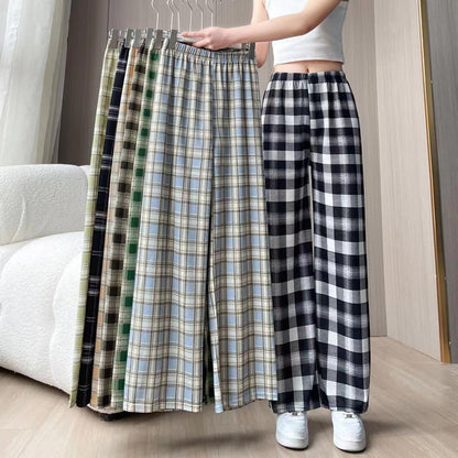 Womens Summer Plaid Wide Leg Trousers