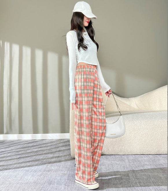 Womens Summer Plaid Wide Leg Trousers