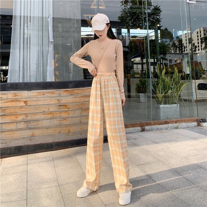 Womens Summer Plaid Wide Leg Trousers