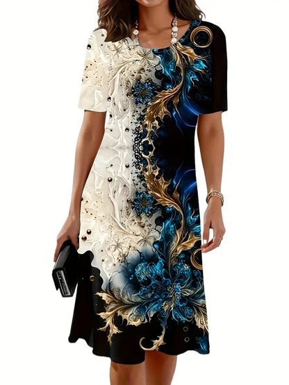 Womens Summer Printed Crewneck Short Sleeve A-Line Dress