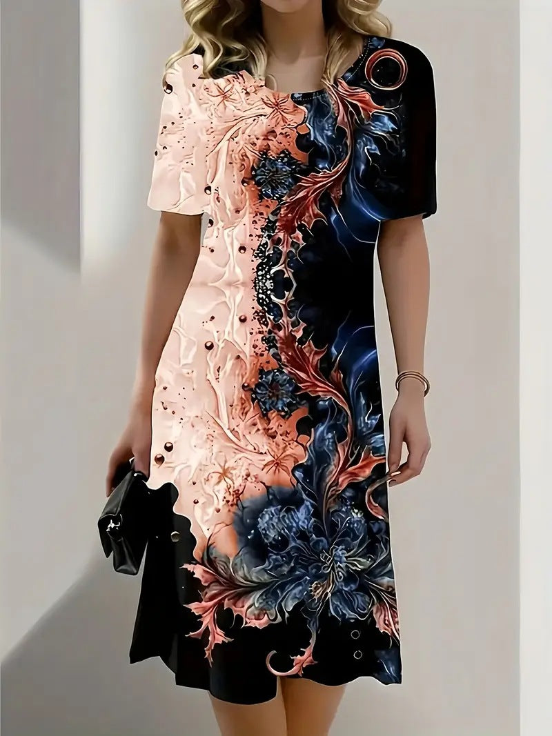 Womens Summer Printed Crewneck Short Sleeve A-Line Dress