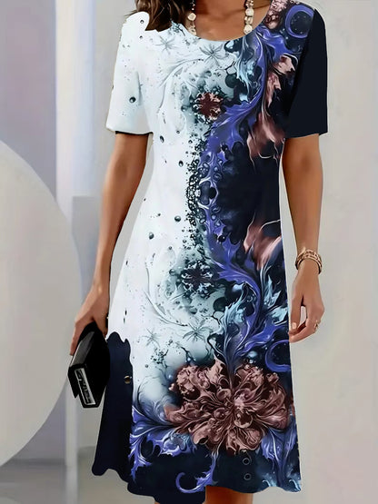 Womens Summer Printed Crewneck Short Sleeve A-Line Dress