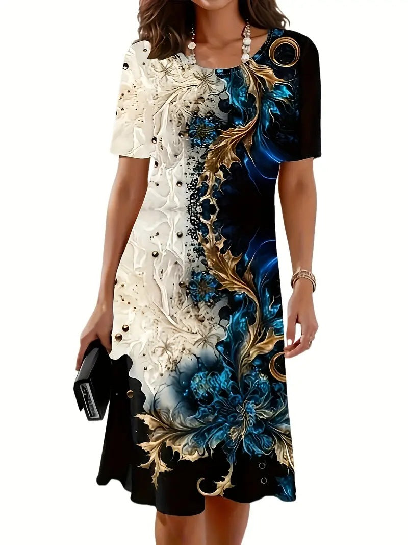 Womens Summer Printed Crewneck Short Sleeve A-Line Dress