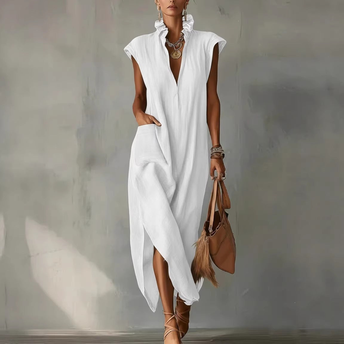 Womens Summer Sleeveless V-Neck Dress