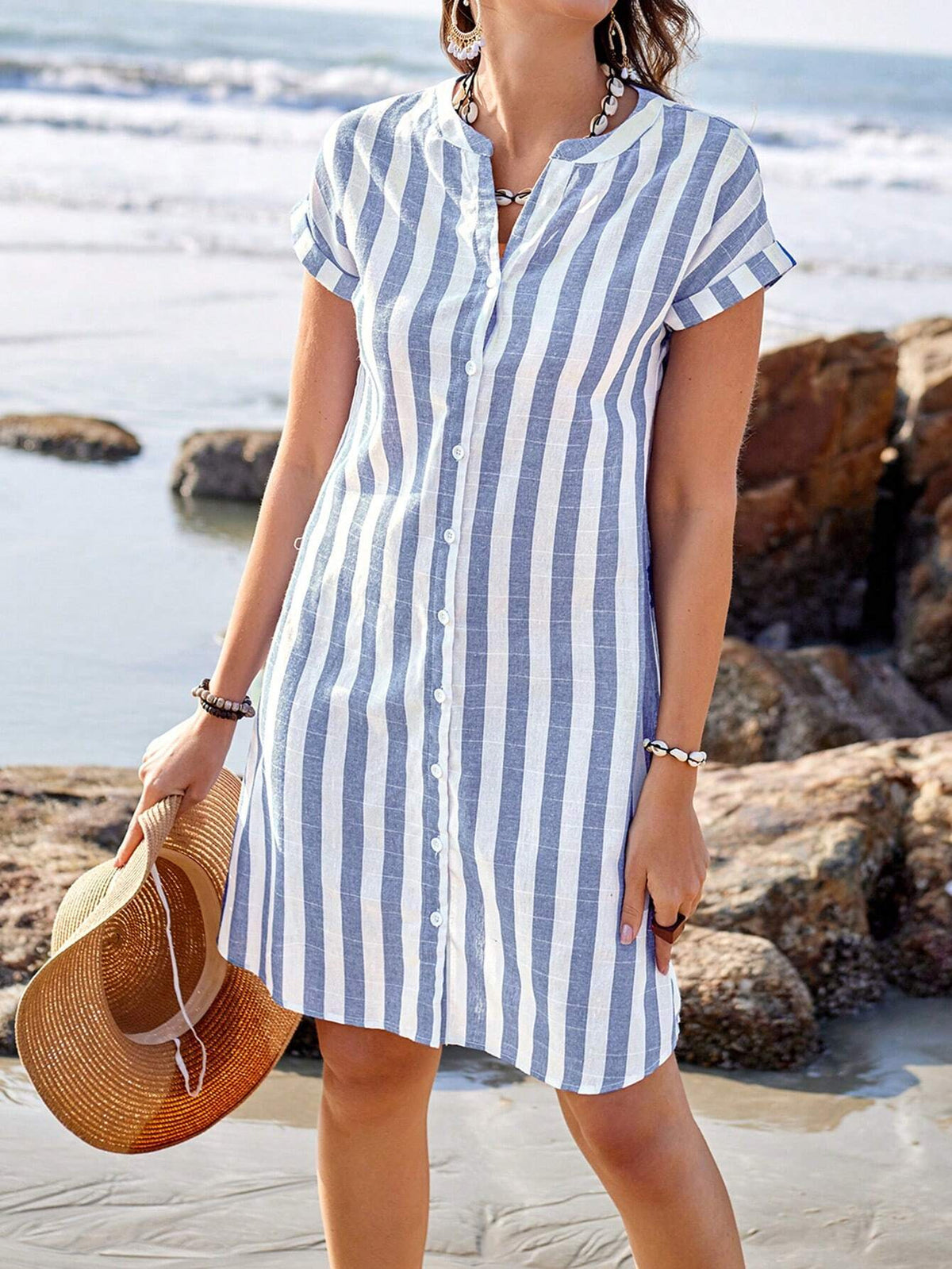 Womens Summer Striped Loose Casual Shirt with Stand Collar