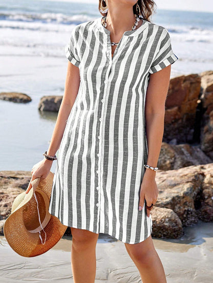 Womens Summer Striped Loose Casual Shirt with Stand Collar