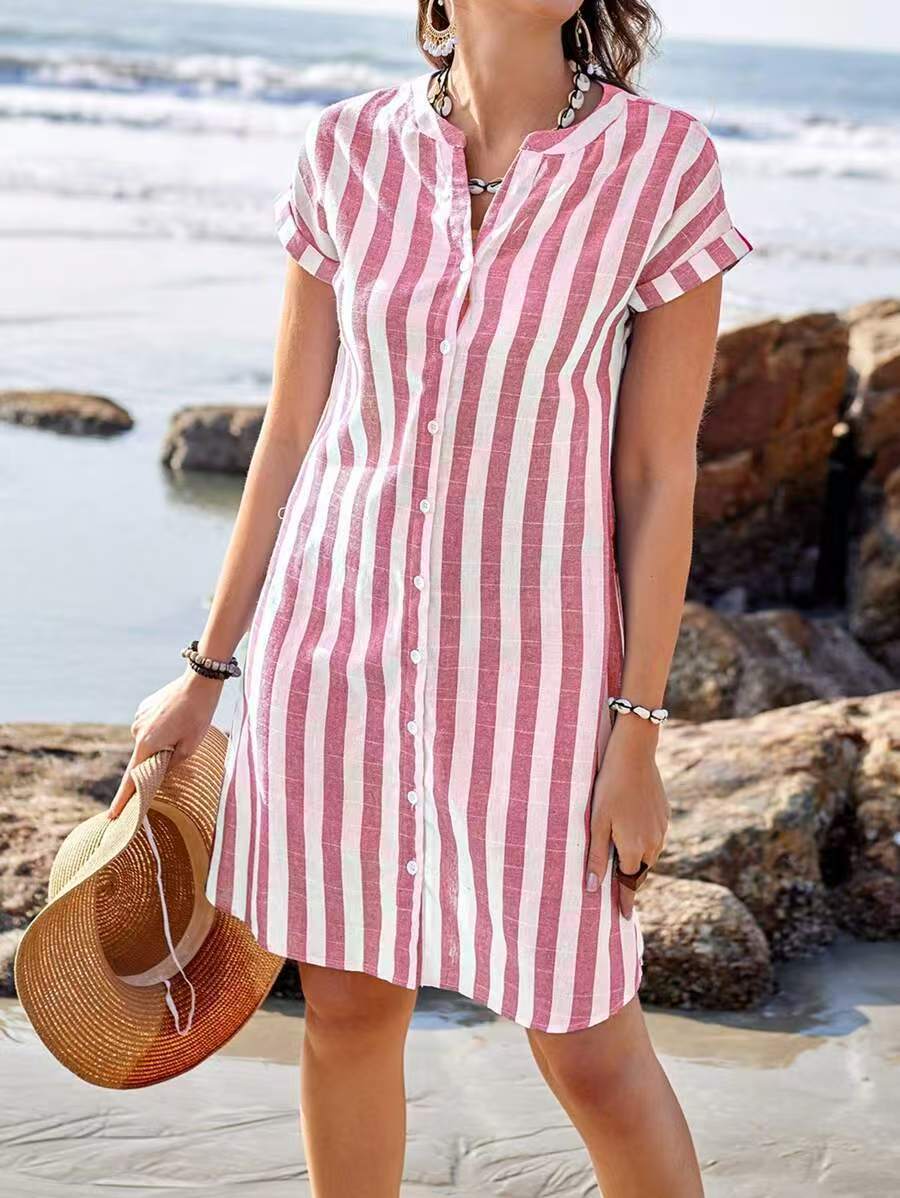 Womens Summer Striped Loose Casual Shirt with Stand Collar