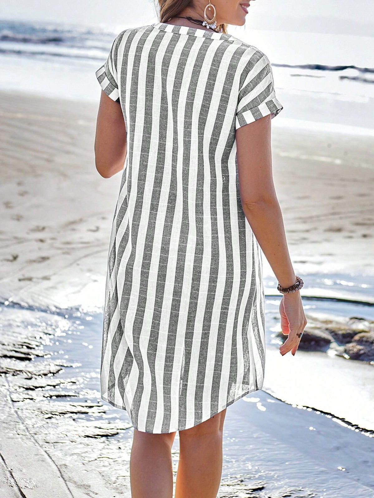 Womens Summer Striped Loose Casual Shirt with Stand Collar
