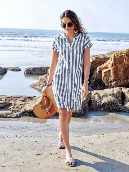 Womens Summer Striped Loose Casual Shirt with Stand Collar