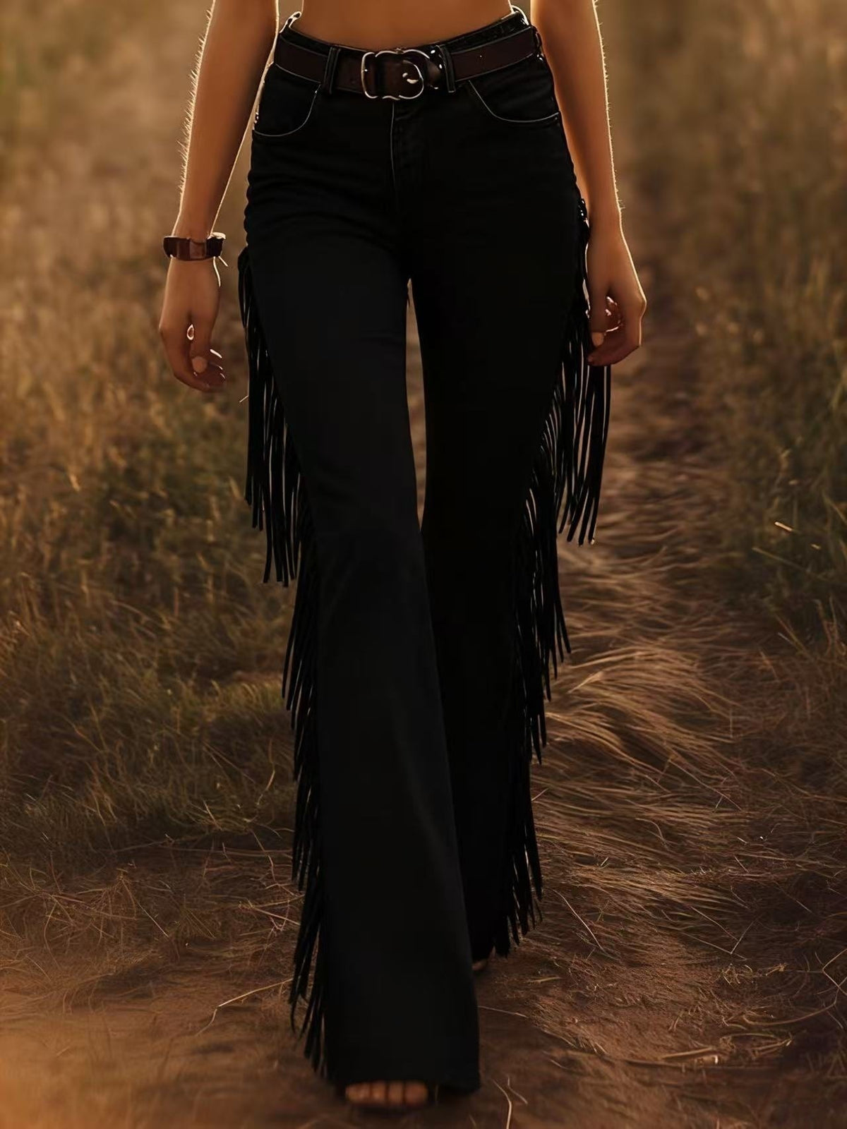 Womens Tassel Stretch Flared Pants