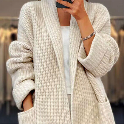 Womens Thickened Solid Color V-Neck Knitted Cardigan Loose Pocket Sweater